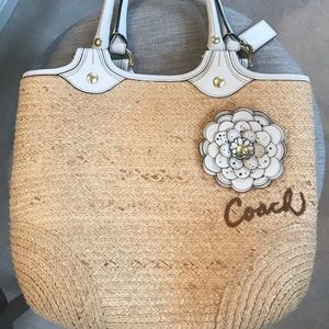 Coach Bleecker Straw Tote Tan/White